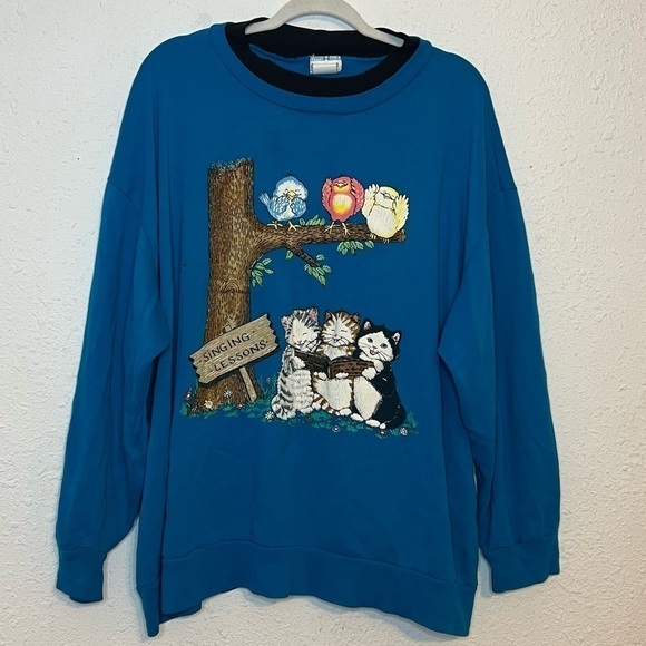 Vintage Cat and Bird Singing Lessons Graphic Crew Neck XL/XXL - Picture 2 of 8